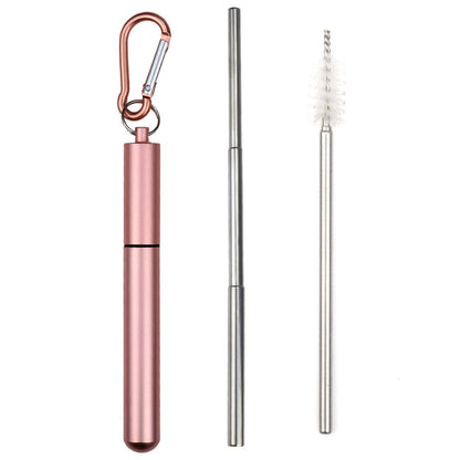 Portable 304 Stainless Steel Three Sections Telescopic Straw Beverage Milk Tea Metal Straw with Aluminum Alloy Storage Tube and Brush (No FDA Certification, BPA Free)