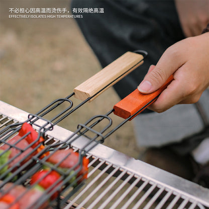 2Pcs Outdoor Camping BBQ Grilling Basket Portable Picnic Barbecue Iron Cage with Wooden Handle (No FDA Certificate, BPA Free)