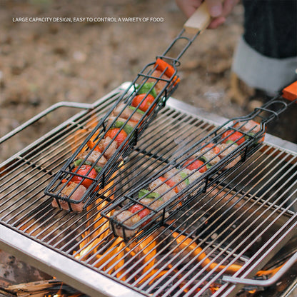 2Pcs Outdoor Camping BBQ Grilling Basket Portable Picnic Barbecue Iron Cage with Wooden Handle (No FDA Certificate, BPA Free)