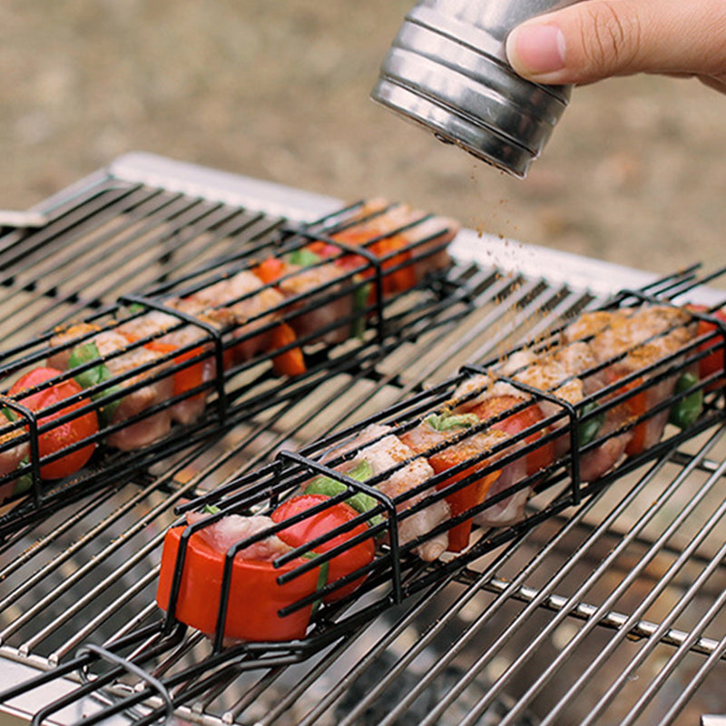 2Pcs Outdoor Camping BBQ Grilling Basket Portable Picnic Barbecue Iron Cage with Wooden Handle (No FDA Certificate, BPA Free)