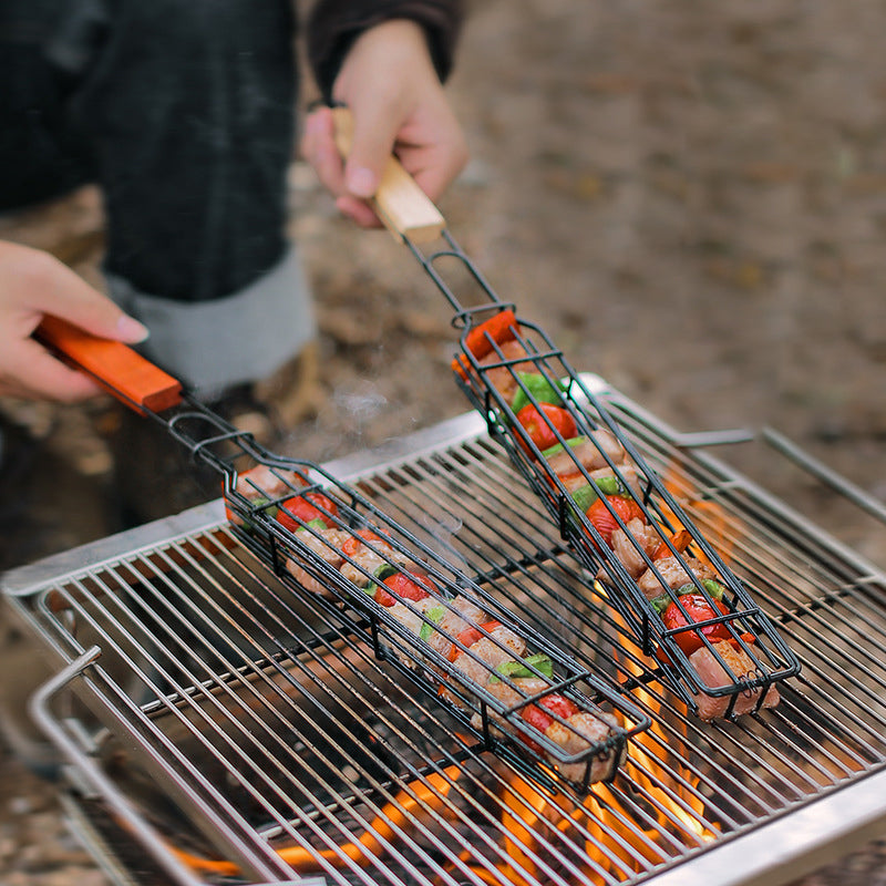 2Pcs Outdoor Camping BBQ Grilling Basket Portable Picnic Barbecue Iron Cage with Wooden Handle (No FDA Certificate, BPA Free)