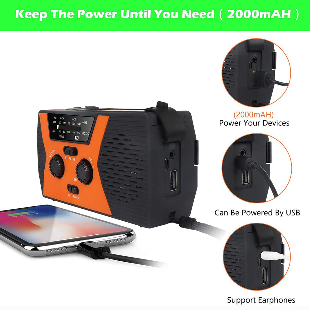 Solar Power Weather Broadcast NOAA/AM/FM Radio with Hand Crank Headphone Jack Reading Lamp 2000mAh Power Bank