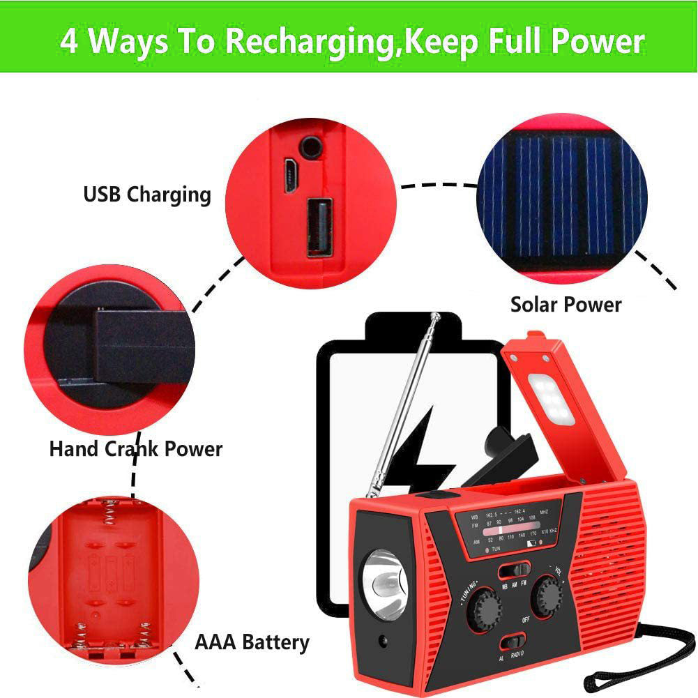 Solar Power Weather Broadcast NOAA/AM/FM Radio with Hand Crank Headphone Jack Reading Lamp 2000mAh Power Bank