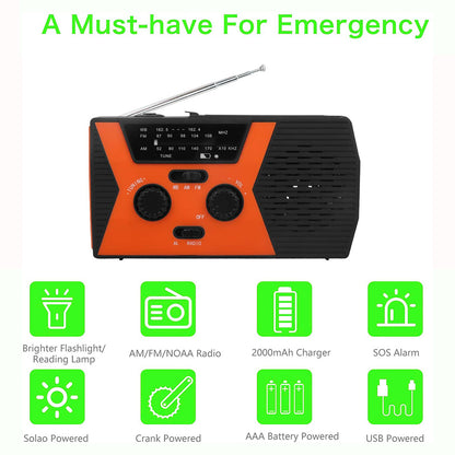 Solar Power Weather Broadcast NOAA/AM/FM Radio with Hand Crank Headphone Jack Reading Lamp 2000mAh Power Bank