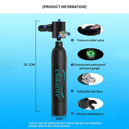 CHIKADIV C300-A7 0.5L Portable Scuba Tank Diving Gear Diving Spare Air Tank Diving Cylinder with Storage Bag/Strap Diving Equipment Kit for Diver