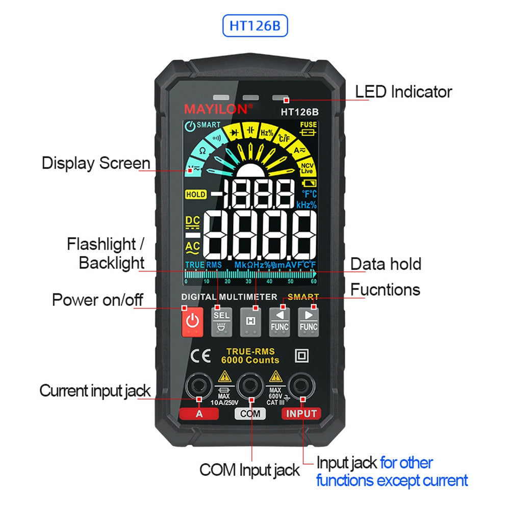 MAYILON HT126B Handheld Digital Multimeter High-Precision Auto Smart Anti-Burning Universal Meter with Digital Display for AC / DC Voltage (without Battery)