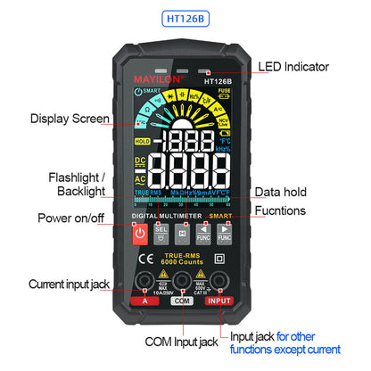 MAYILON HT126B Handheld Digital Multimeter High-Precision Auto Smart Anti-Burning Universal Meter with Digital Display for AC / DC Voltage (without Battery)