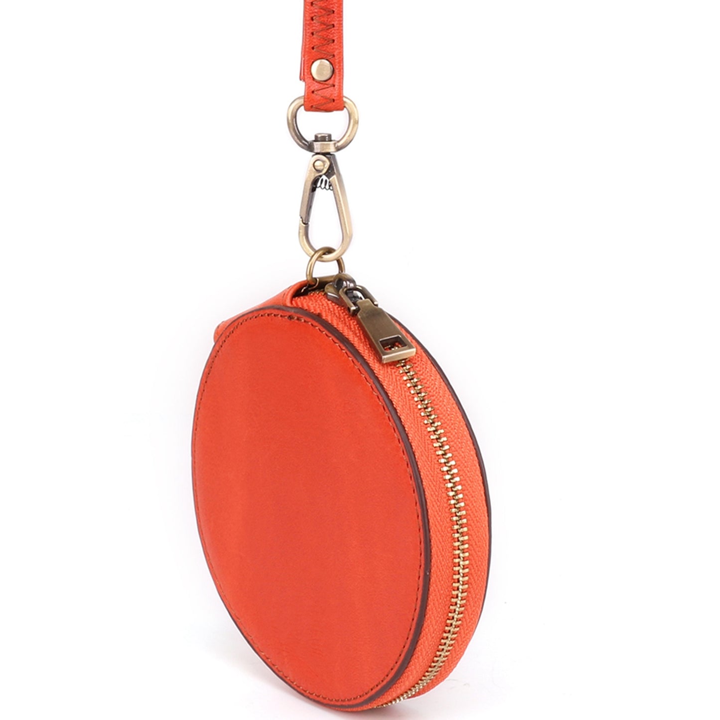 K058 Top Layer Cowhide Coin Purse Portable Mini Round Zipper Wallet Storage Bag with Strap