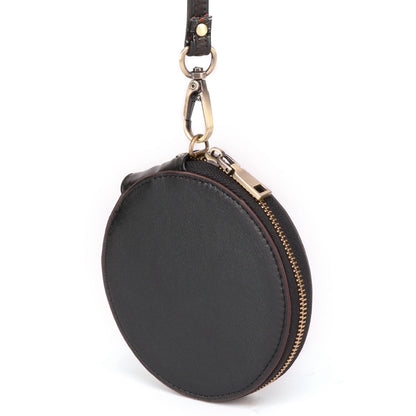 K058 Top Layer Cowhide Coin Purse Portable Mini Round Zipper Wallet Storage Bag with Strap