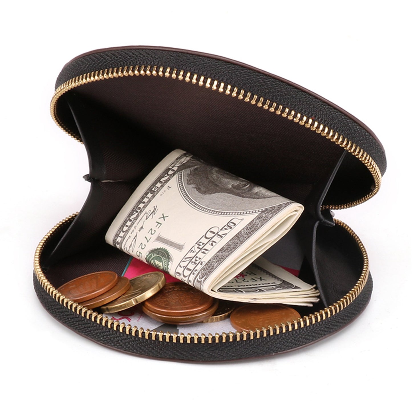 K058 Top Layer Cowhide Coin Purse Portable Mini Round Zipper Wallet Storage Bag with Strap