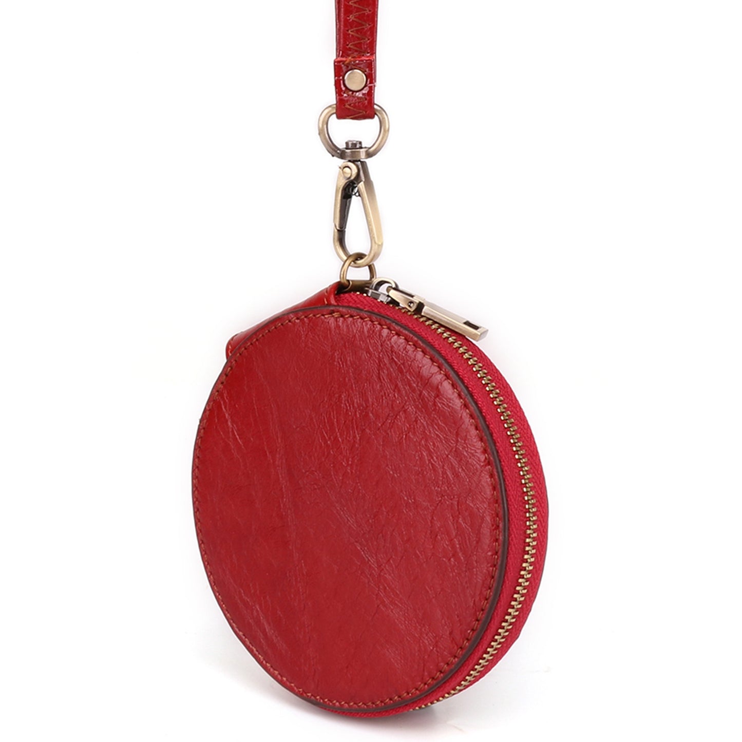 K058 Top Layer Cowhide Coin Purse Portable Mini Round Zipper Wallet Storage Bag with Strap