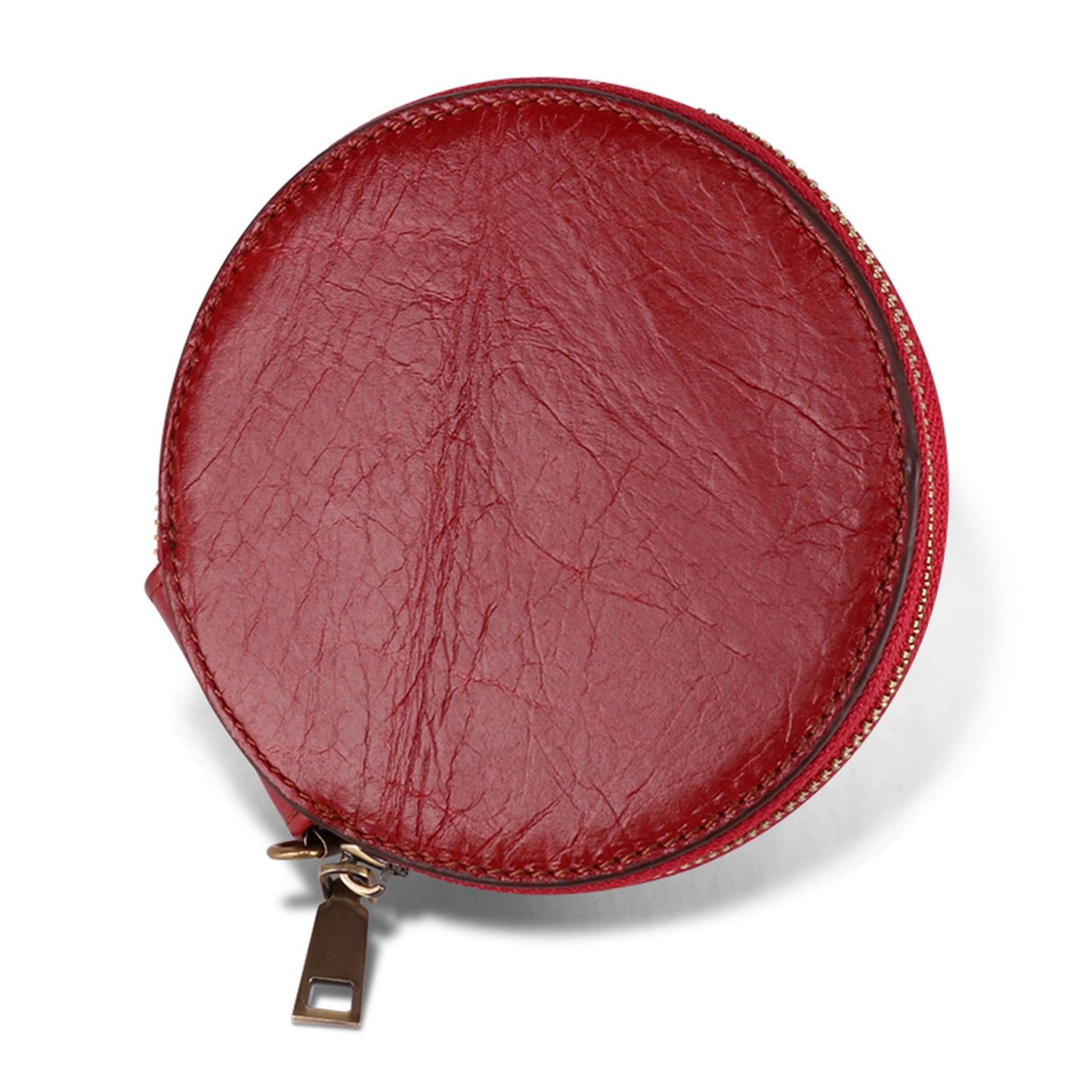 K058 Top Layer Cowhide Coin Purse Portable Mini Round Zipper Wallet Storage Bag with Strap