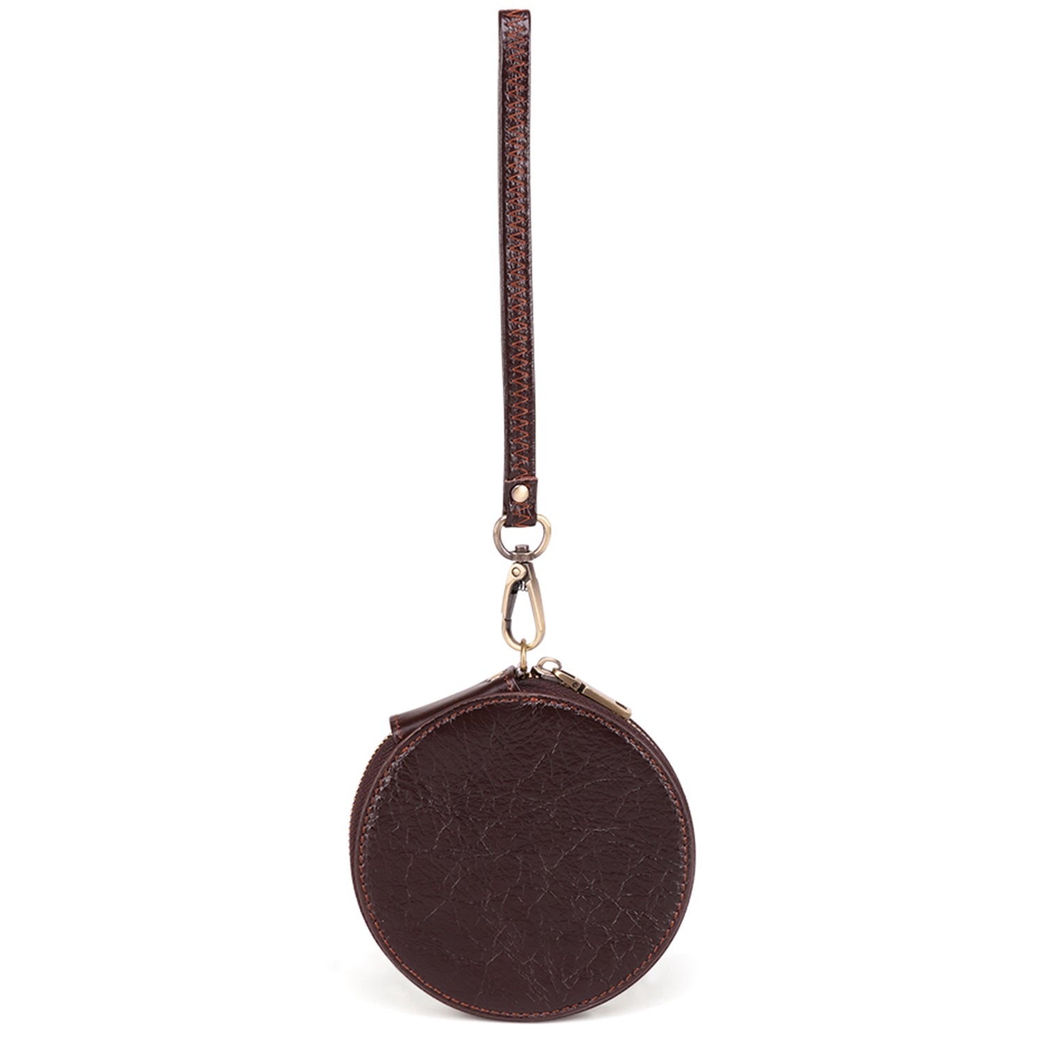 K058 Top Layer Cowhide Coin Purse Portable Mini Round Zipper Wallet Storage Bag with Strap