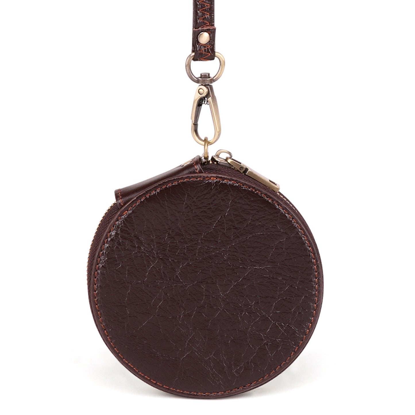 K058 Top Layer Cowhide Coin Purse Portable Mini Round Zipper Wallet Storage Bag with Strap