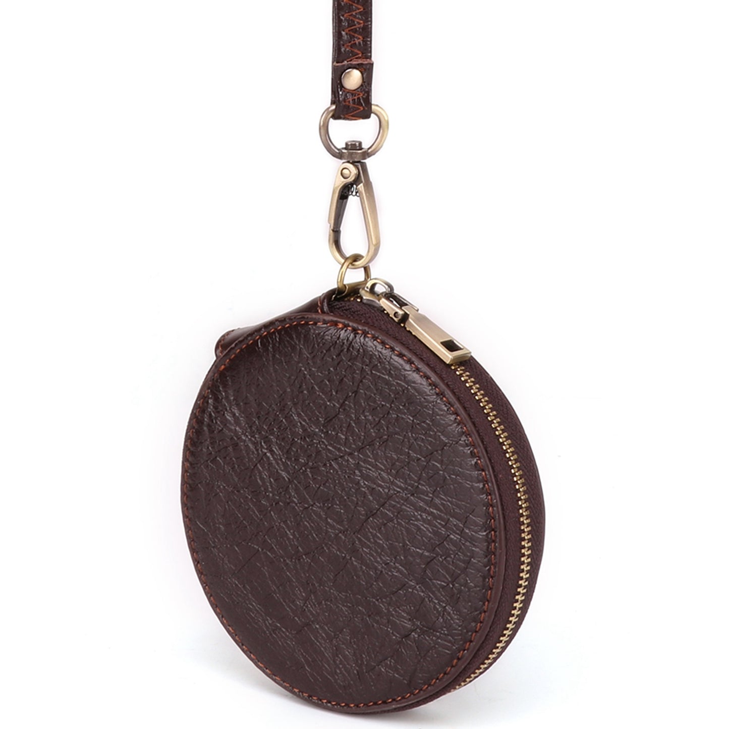 K058 Top Layer Cowhide Coin Purse Portable Mini Round Zipper Wallet Storage Bag with Strap