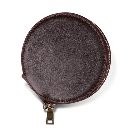 K058 Top Layer Cowhide Coin Purse Portable Mini Round Zipper Wallet Storage Bag with Strap