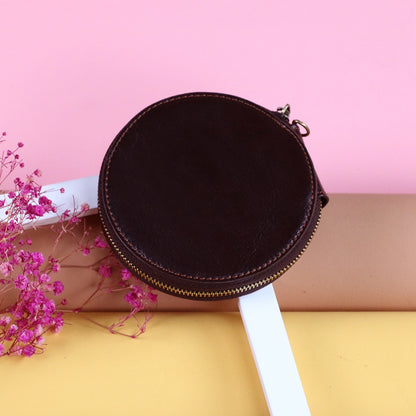 K058 Top Layer Cowhide Coin Purse Portable Mini Round Zipper Wallet Storage Bag with Strap