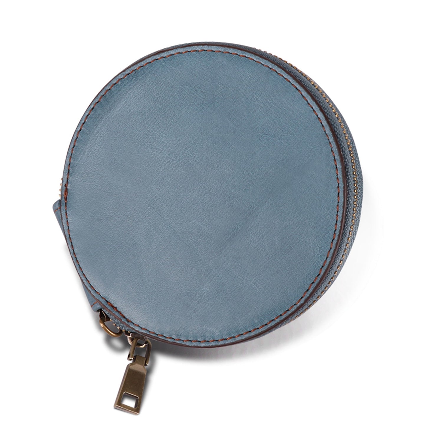 K058 Top Layer Cowhide Coin Purse Portable Mini Round Zipper Wallet Storage Bag with Strap