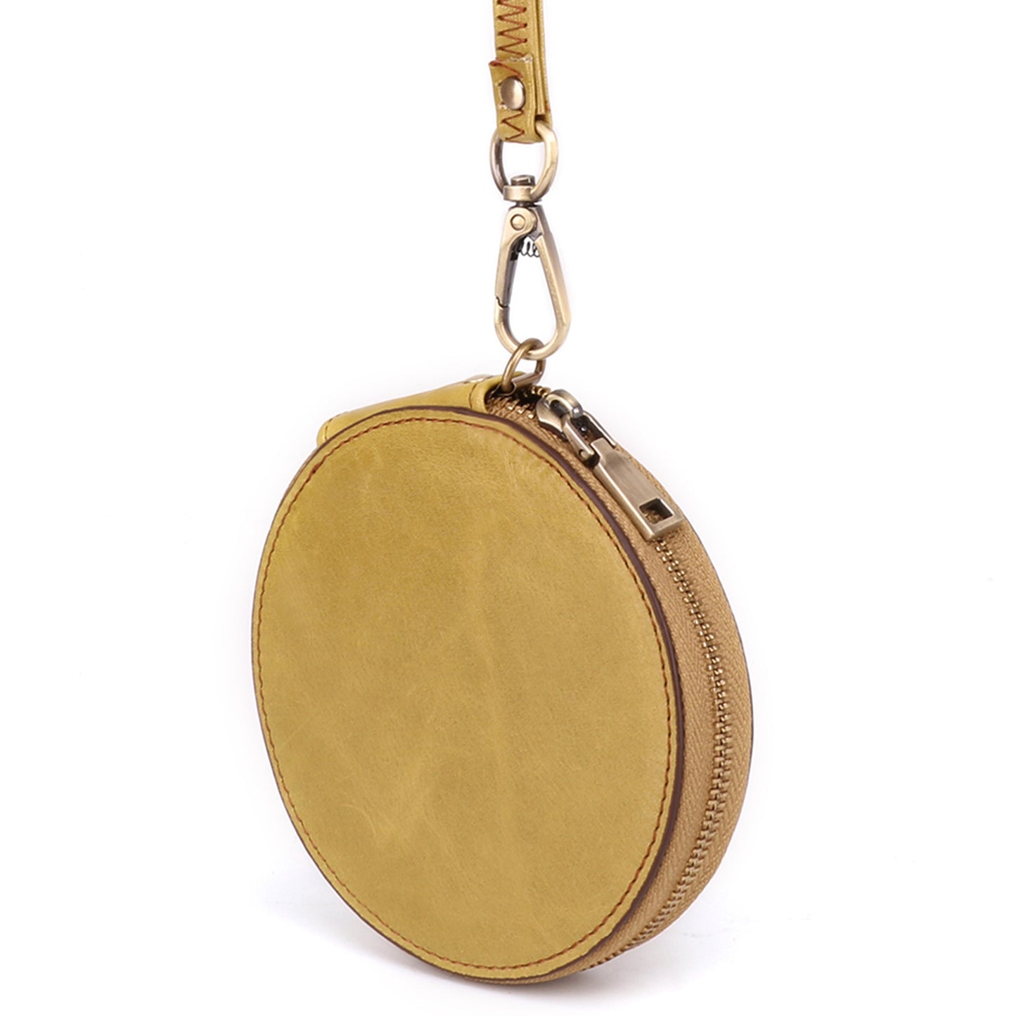 K058 Top Layer Cowhide Coin Purse Portable Mini Round Zipper Wallet Storage Bag with Strap