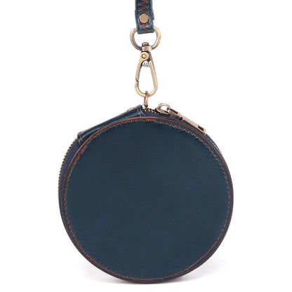 K058 Top Layer Cowhide Coin Purse Portable Mini Round Zipper Wallet Storage Bag with Strap