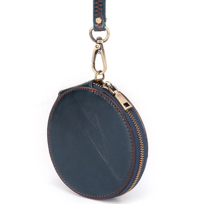 K058 Top Layer Cowhide Coin Purse Portable Mini Round Zipper Wallet Storage Bag with Strap