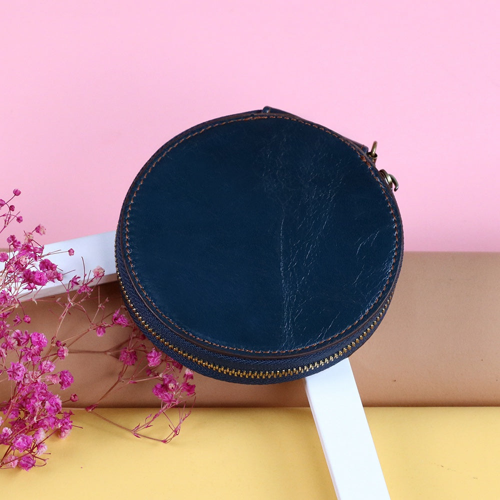 K058 Top Layer Cowhide Coin Purse Portable Mini Round Zipper Wallet Storage Bag with Strap