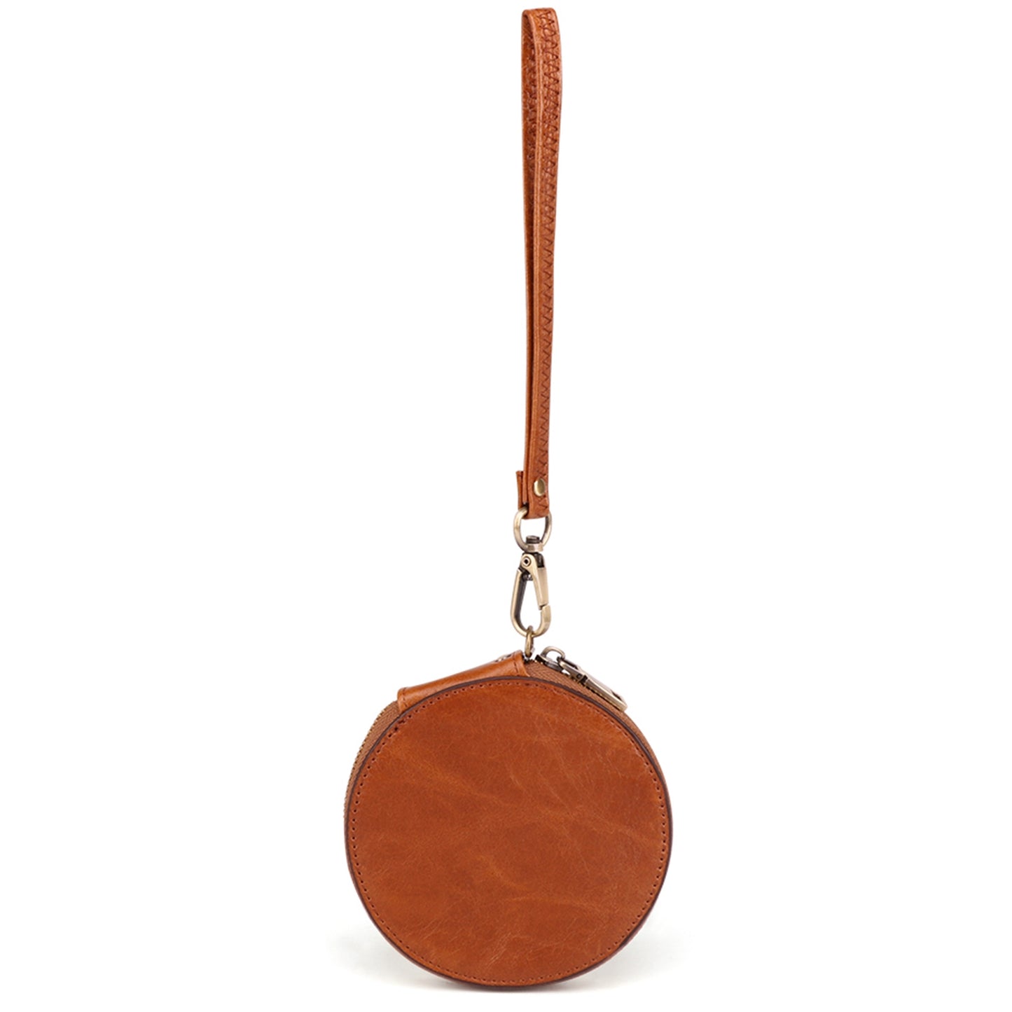 K058 Top Layer Cowhide Coin Purse Portable Mini Round Zipper Wallet Storage Bag with Strap