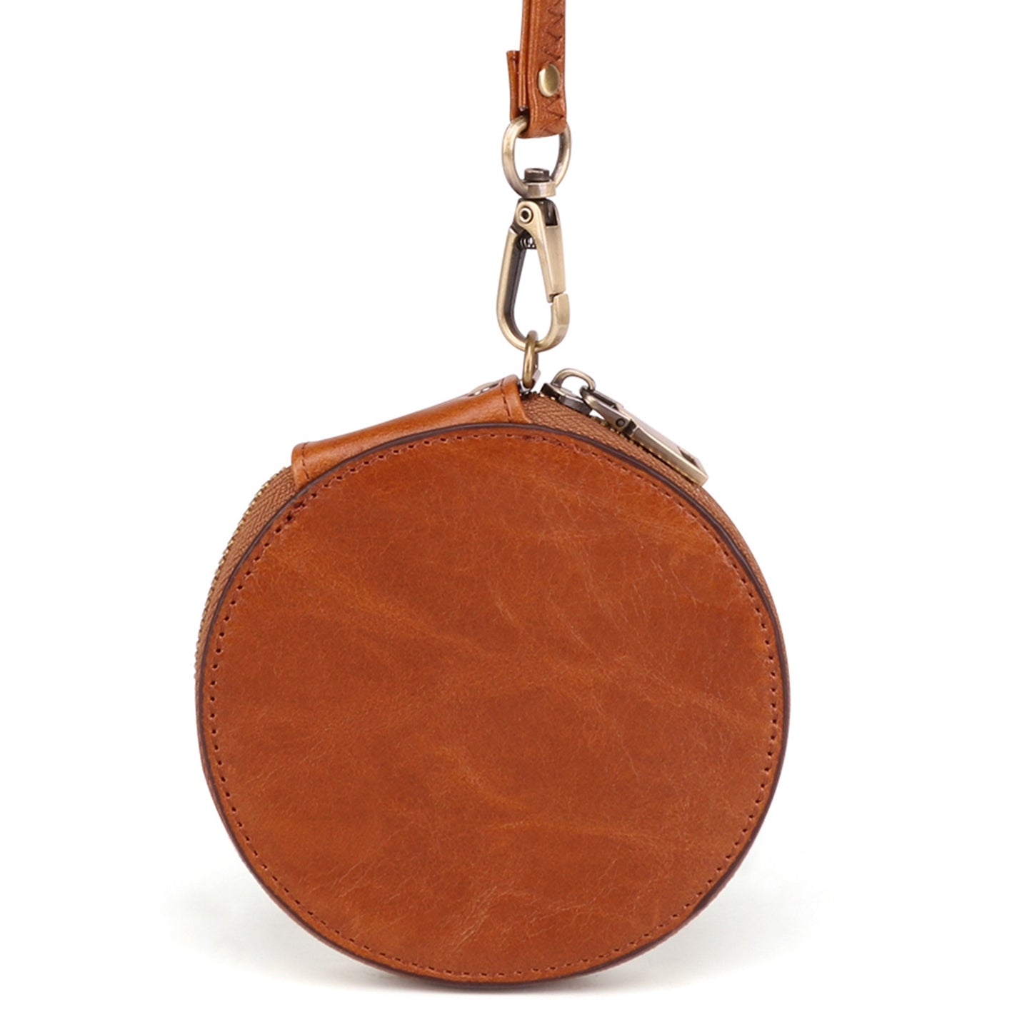 K058 Top Layer Cowhide Coin Purse Portable Mini Round Zipper Wallet Storage Bag with Strap