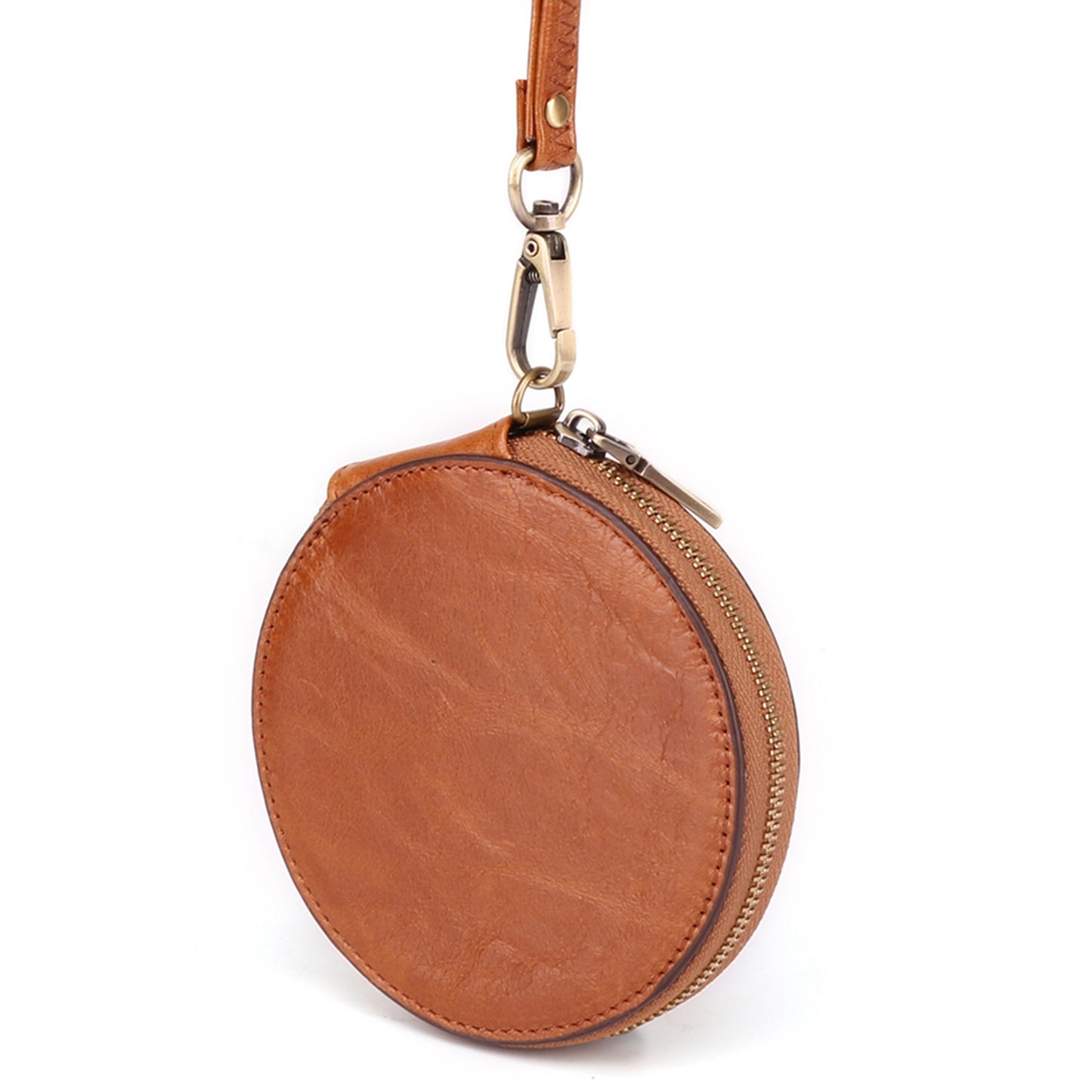 K058 Top Layer Cowhide Coin Purse Portable Mini Round Zipper Wallet Storage Bag with Strap