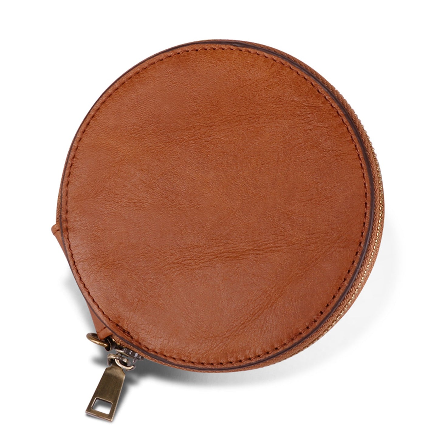 K058 Top Layer Cowhide Coin Purse Portable Mini Round Zipper Wallet Storage Bag with Strap