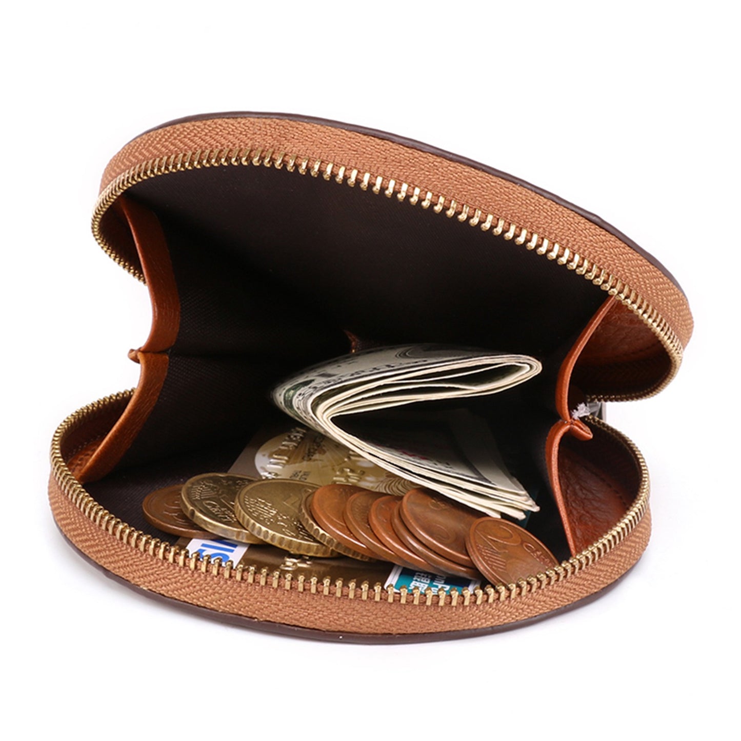 K058 Top Layer Cowhide Coin Purse Portable Mini Round Zipper Wallet Storage Bag with Strap