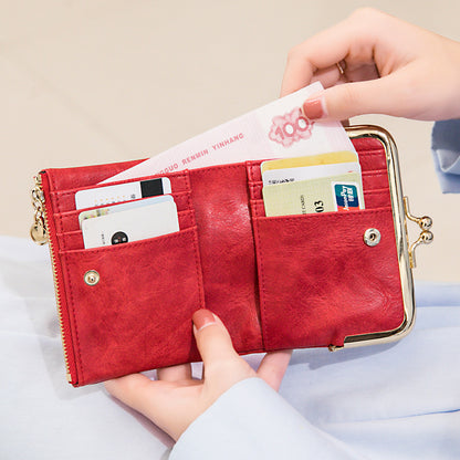 QB309 Women Wallet Slim Bifold PU Leather Card Bag Vintage Coin Purse with Zipper and Kiss Lock