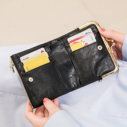 QB309 Women Wallet Slim Bifold PU Leather Card Bag Vintage Coin Purse with Zipper and Kiss Lock