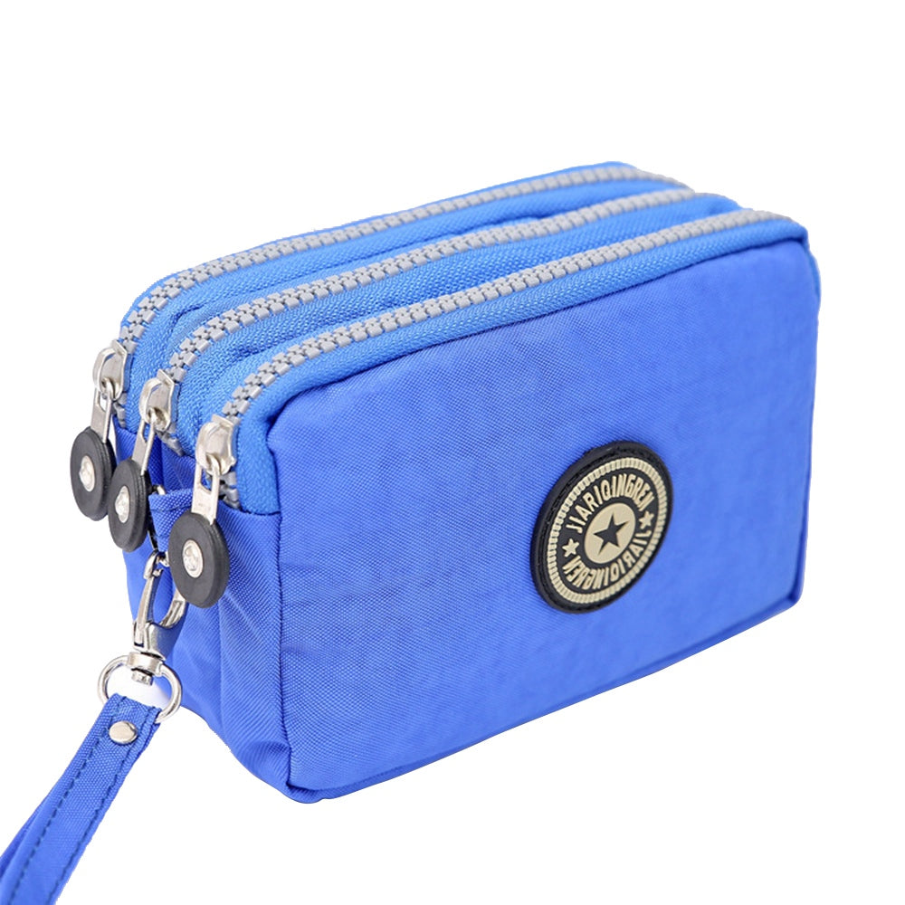 JIARIQINGREN 610 Women Three Layer Zipper Coin Purse Washed Denim Cellphone Holder Clutch with Wrist Strap