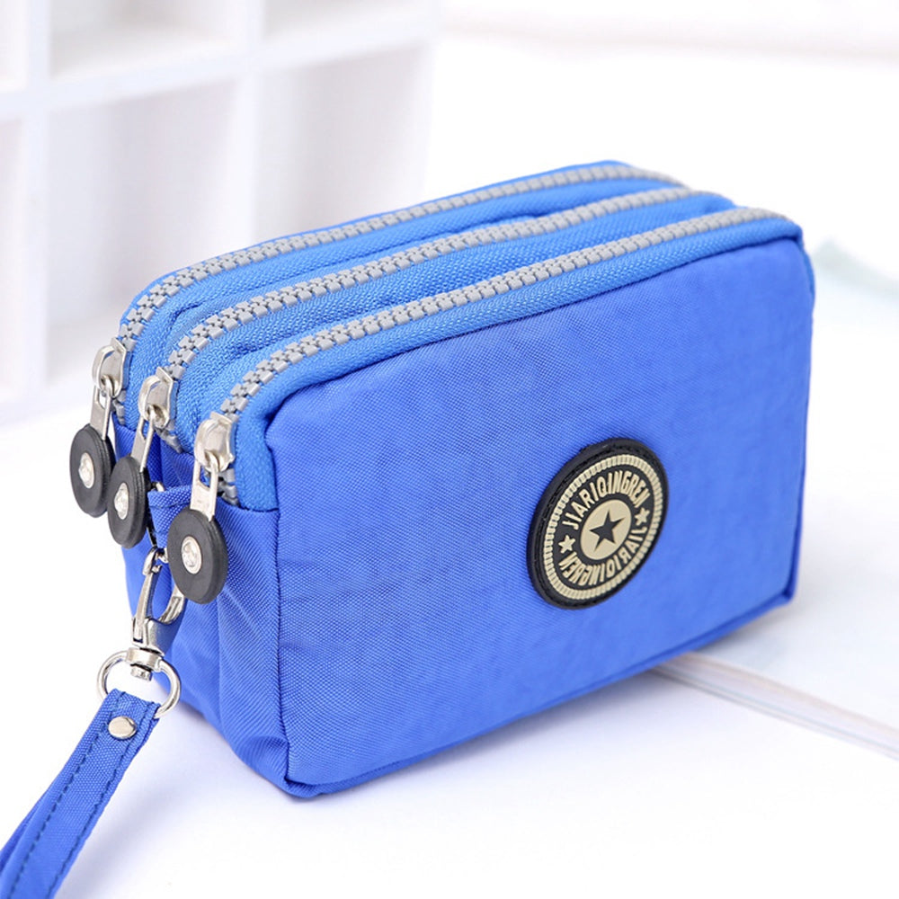 JIARIQINGREN 610 Women Three Layer Zipper Coin Purse Washed Denim Cellphone Holder Clutch with Wrist Strap