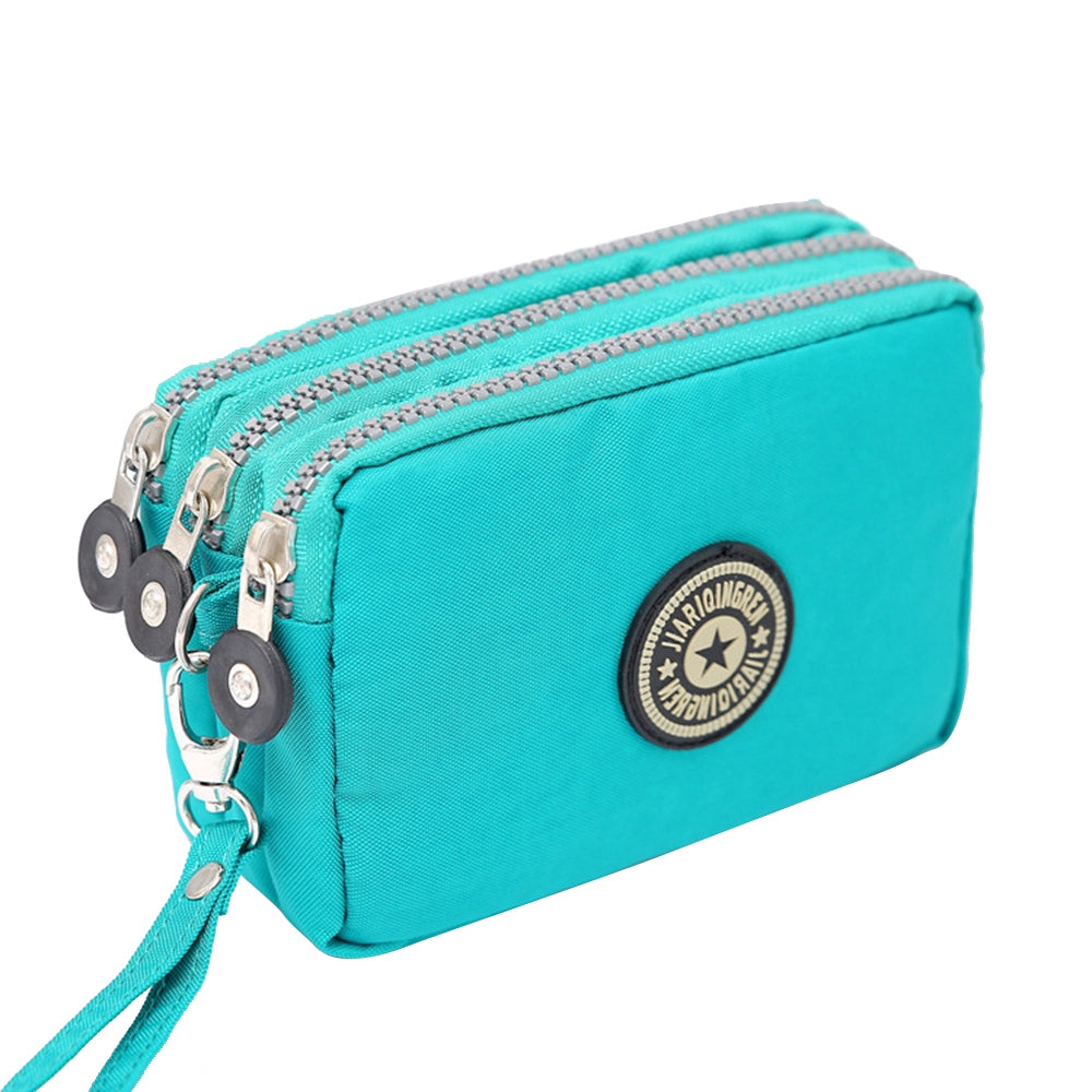 JIARIQINGREN 610 Women Three Layer Zipper Coin Purse Washed Denim Cellphone Holder Clutch with Wrist Strap