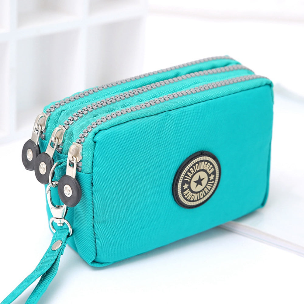 JIARIQINGREN 610 Women Three Layer Zipper Coin Purse Washed Denim Cellphone Holder Clutch with Wrist Strap