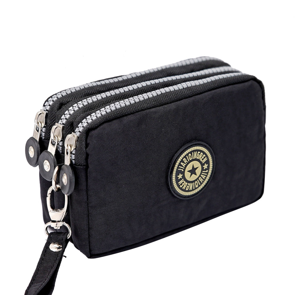 JIARIQINGREN 610 Women Three Layer Zipper Coin Purse Washed Denim Cellphone Holder Clutch with Wrist Strap