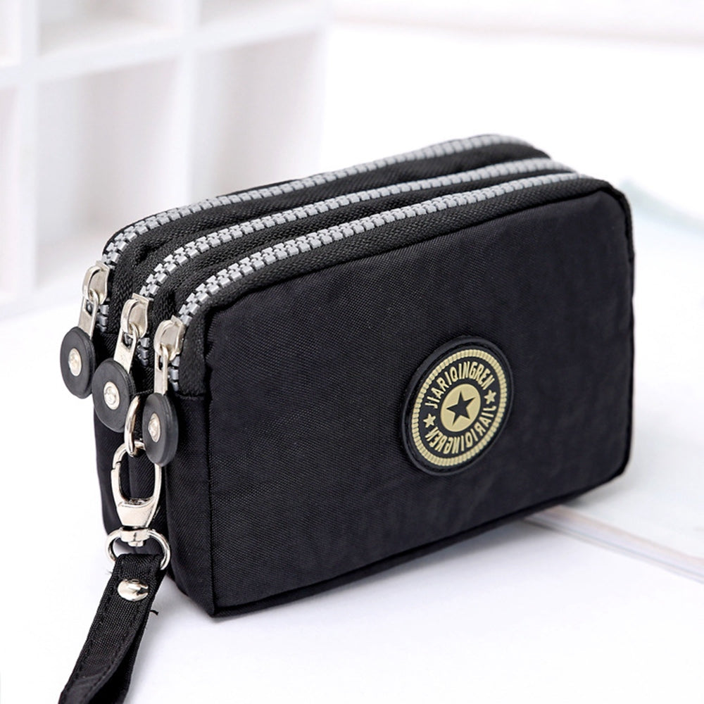 JIARIQINGREN 610 Women Three Layer Zipper Coin Purse Washed Denim Cellphone Holder Clutch with Wrist Strap