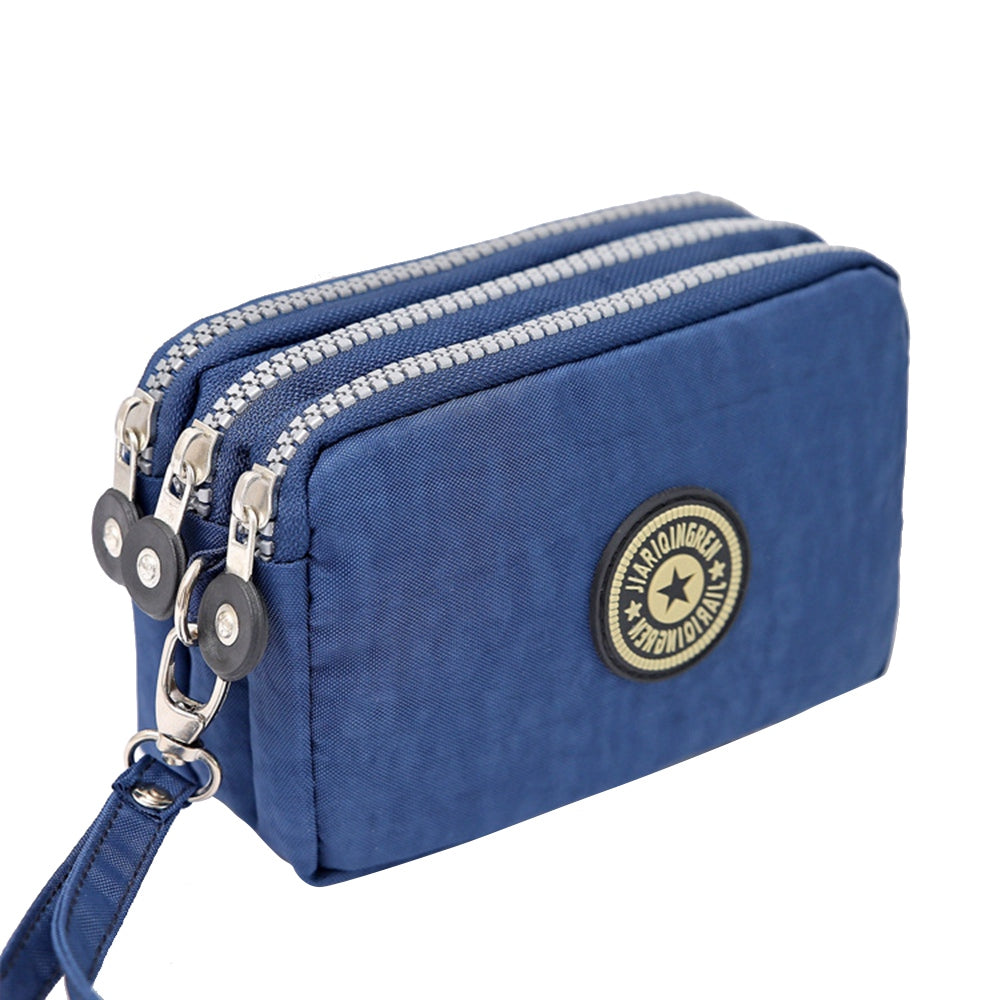 JIARIQINGREN 610 Women Three Layer Zipper Coin Purse Washed Denim Cellphone Holder Clutch with Wrist Strap