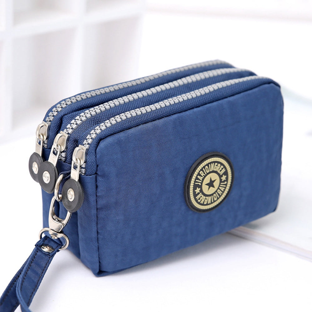 JIARIQINGREN 610 Women Three Layer Zipper Coin Purse Washed Denim Cellphone Holder Clutch with Wrist Strap