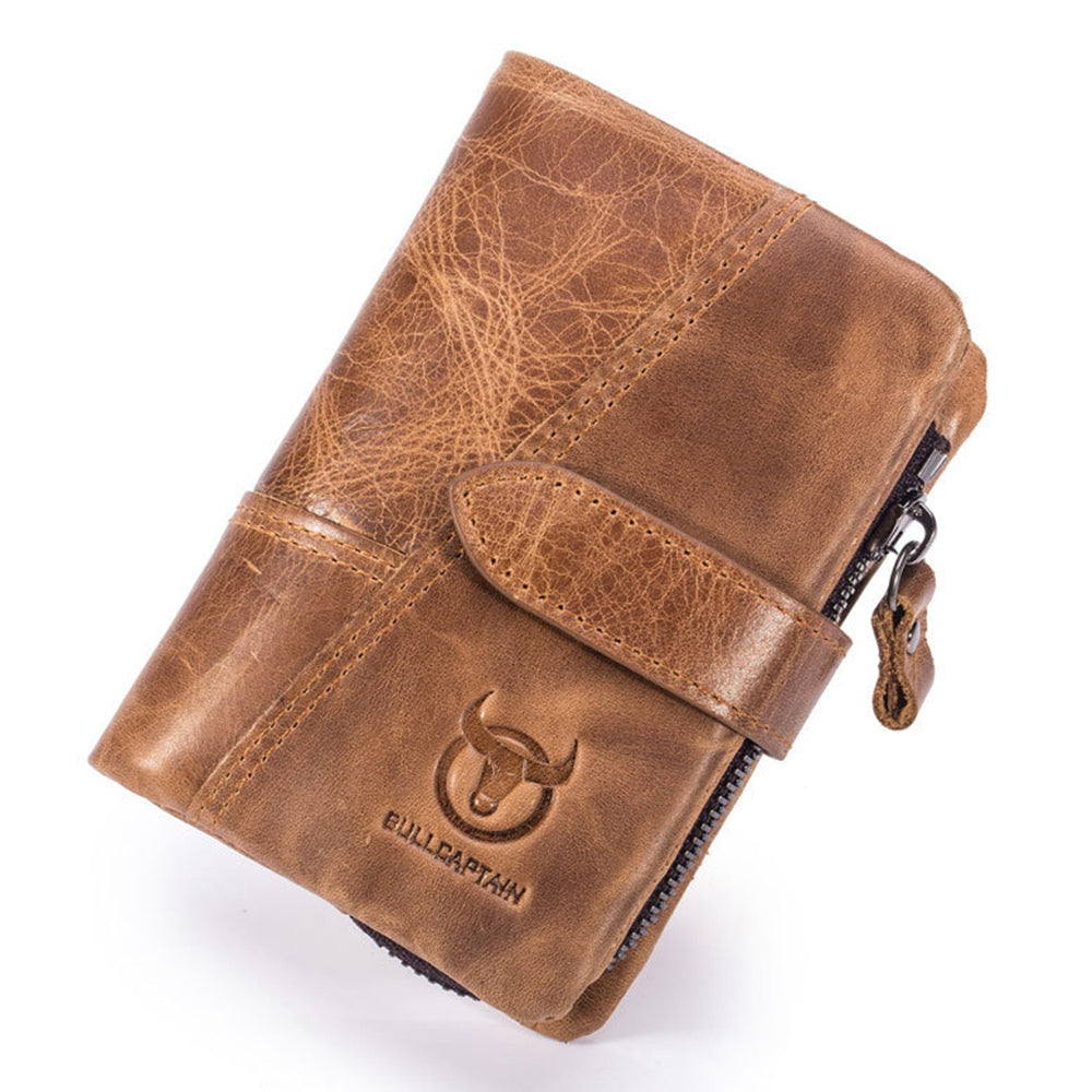 BULLCAPTAIN 01 Vertical Top Layer Cowhide Men Wallet Detachable Zipper Pocket Design Coins Cards Cash Holder Bag