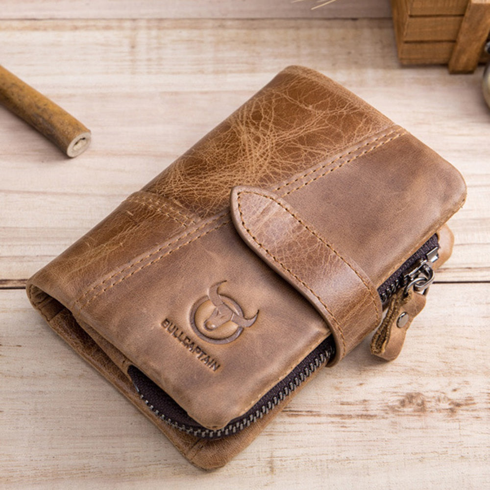 BULLCAPTAIN 01 Vertical Top Layer Cowhide Men Wallet Detachable Zipper Pocket Design Coins Cards Cash Holder Bag