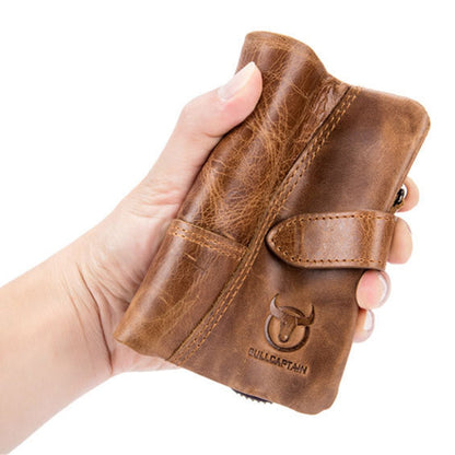 BULLCAPTAIN 01 Vertical Top Layer Cowhide Men Wallet Detachable Zipper Pocket Design Coins Cards Cash Holder Bag