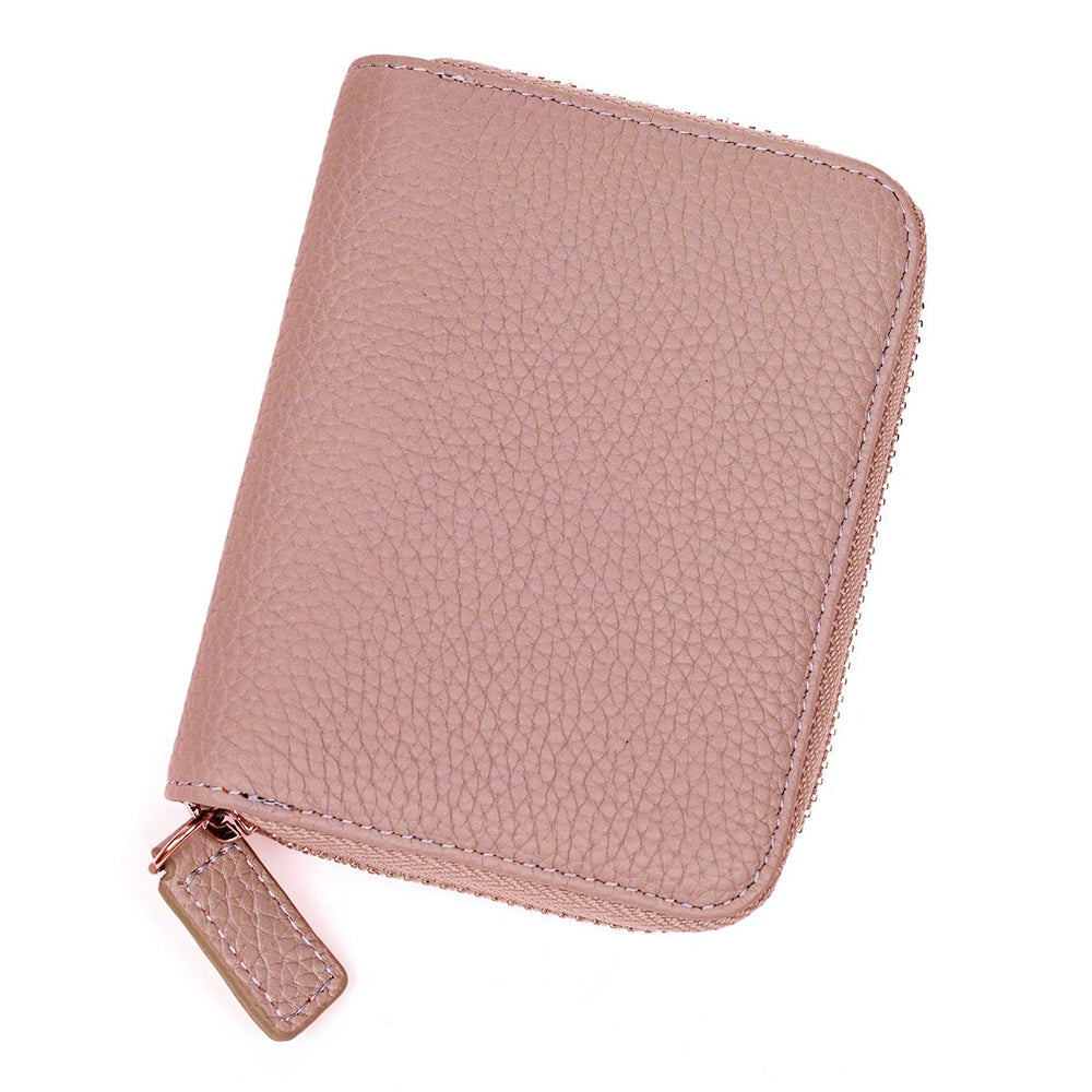 ZS-BO226 RFID Blocking Cowhide Leather Organ Card Holder Bag Zipper Coin Purse Women Short Wallet