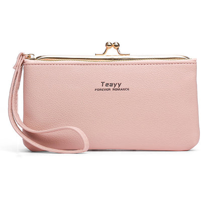 TEAVY LD-203 Vintage Long Wallet Cellphone Purse PU Leather Kiss Lock Clutch with Hand Strap