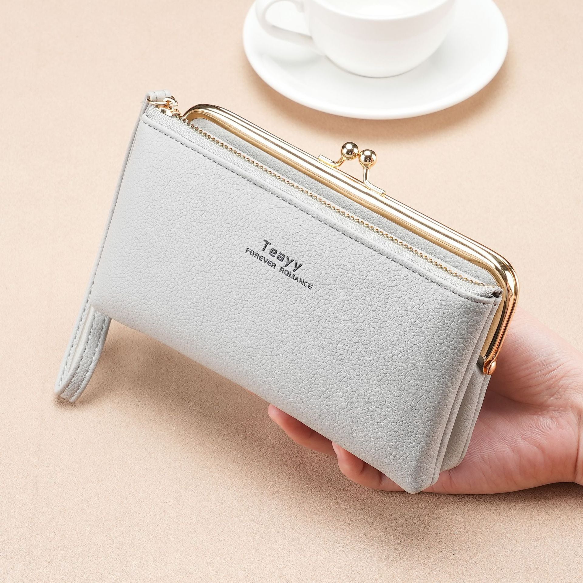 TEAVY LD-203 Vintage Long Wallet Cellphone Purse PU Leather Kiss Lock Clutch with Hand Strap