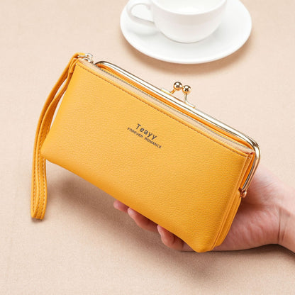 TEAVY LD-203 Vintage Long Wallet Cellphone Purse PU Leather Kiss Lock Clutch with Hand Strap