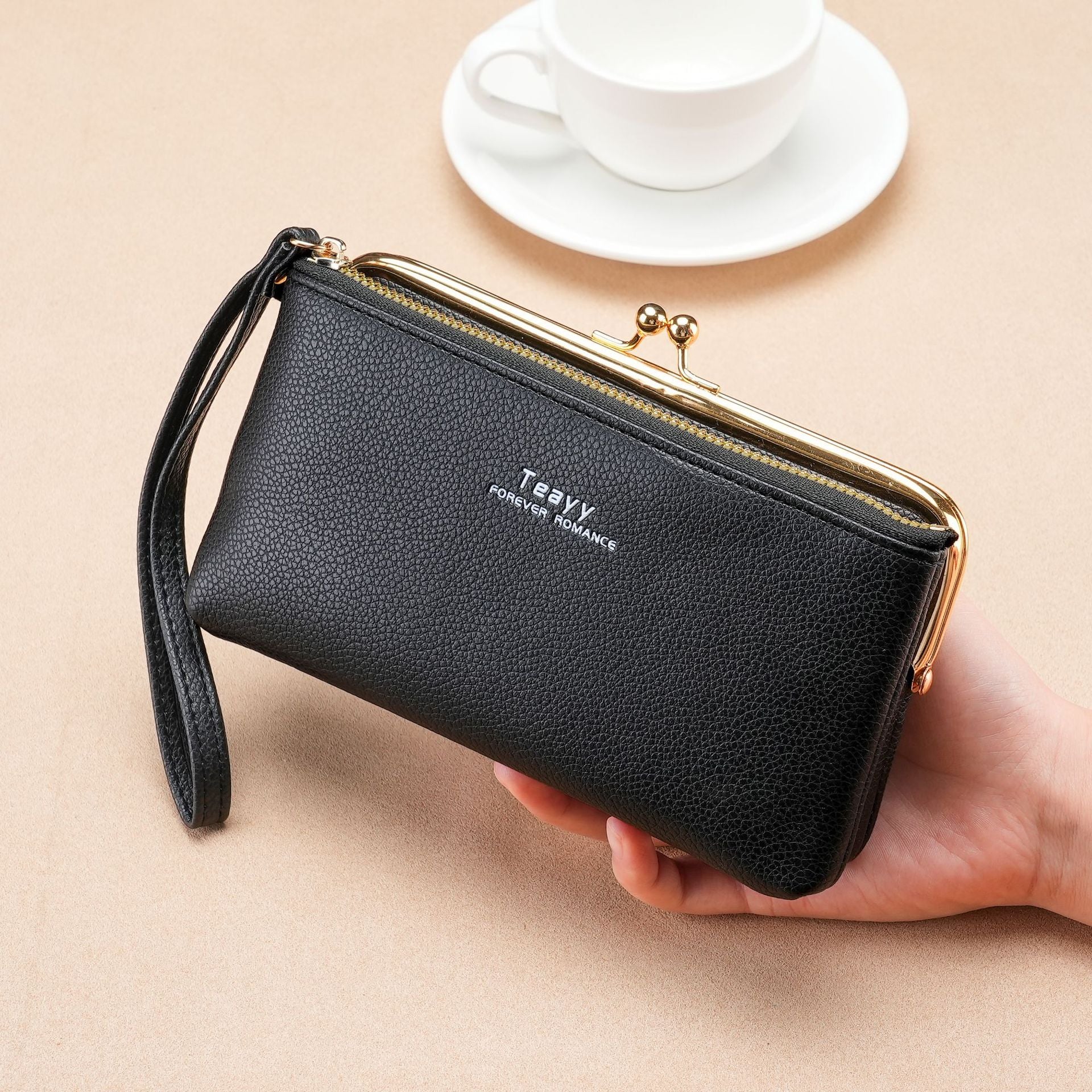 TEAVY LD-203 Vintage Long Wallet Cellphone Purse PU Leather Kiss Lock Clutch with Hand Strap