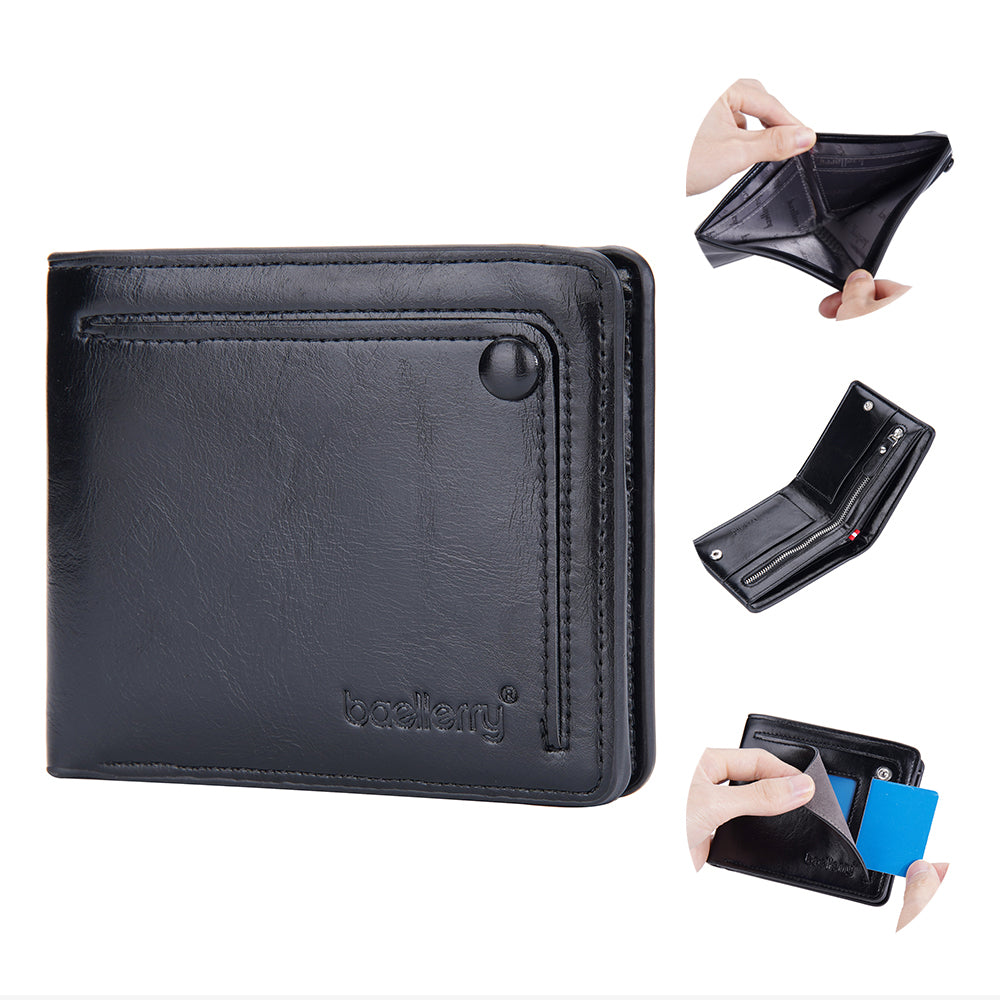 BAELLERRY D3243 PU Leather Bifold Wallet Short Horizontal Wallet Zipper Card Case Holder Card Organizer